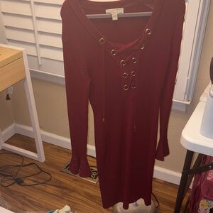 Michael Kors Burgundy Lace-Up Long Sleeve Dress